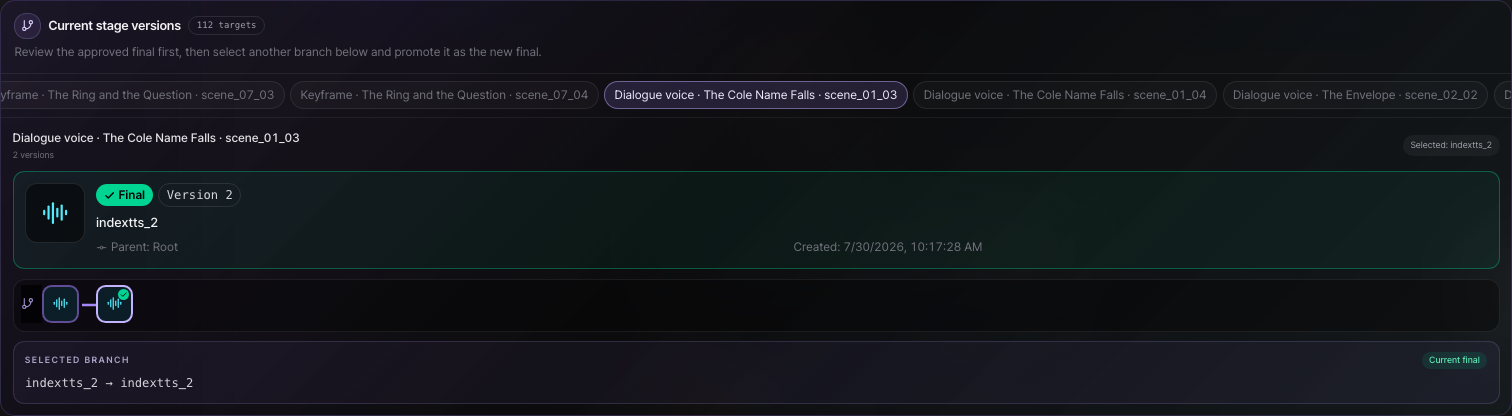 Actual app capture showing dialogue voice candidates and the final selection